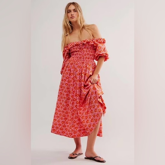 NEW Free People Oasis Printed Smocked Ethereal Midi Dress Pink/Rose Women’s XS - Picture 1 of 16